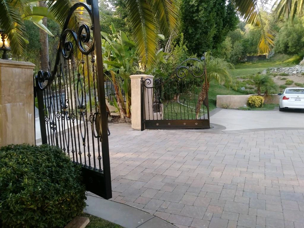 Wrought iron gate with intricate design 