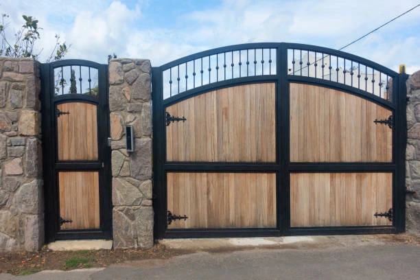 Iron gate with intricate scrollwork and finials 
